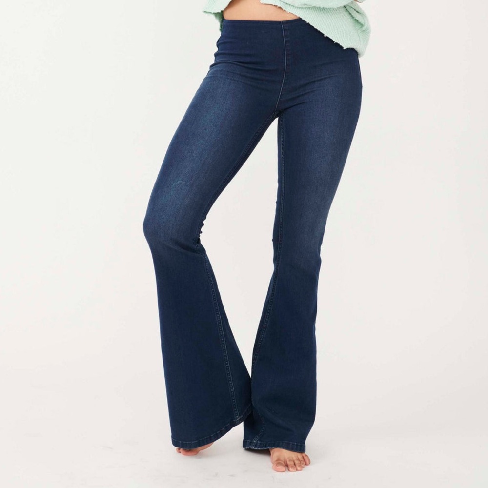 Dark Wash Pull On Flare Jeans